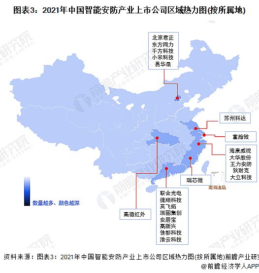 圖表3：2021年中國智能安防產業上市公司區域熱力圖(按所屬地)